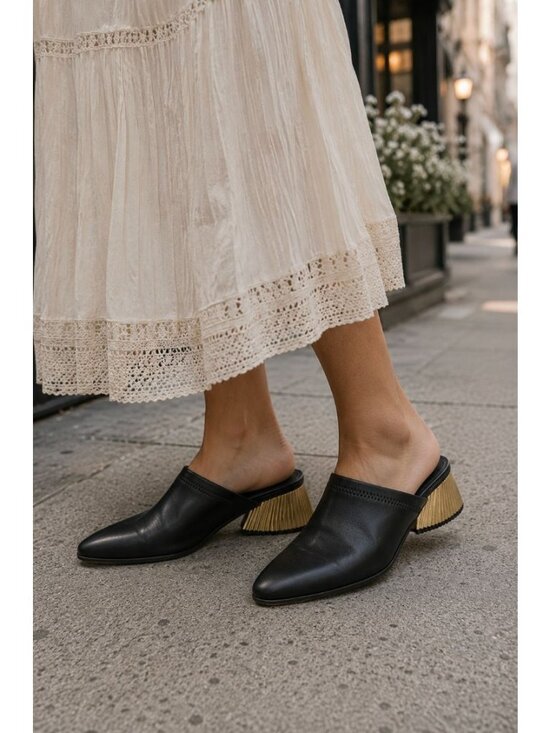 Katy Perry Collections Shoes - Katy Perry Black Clarra Slip On Mule Gold Heel Clogs Size 8.5 Black Edgy Chic